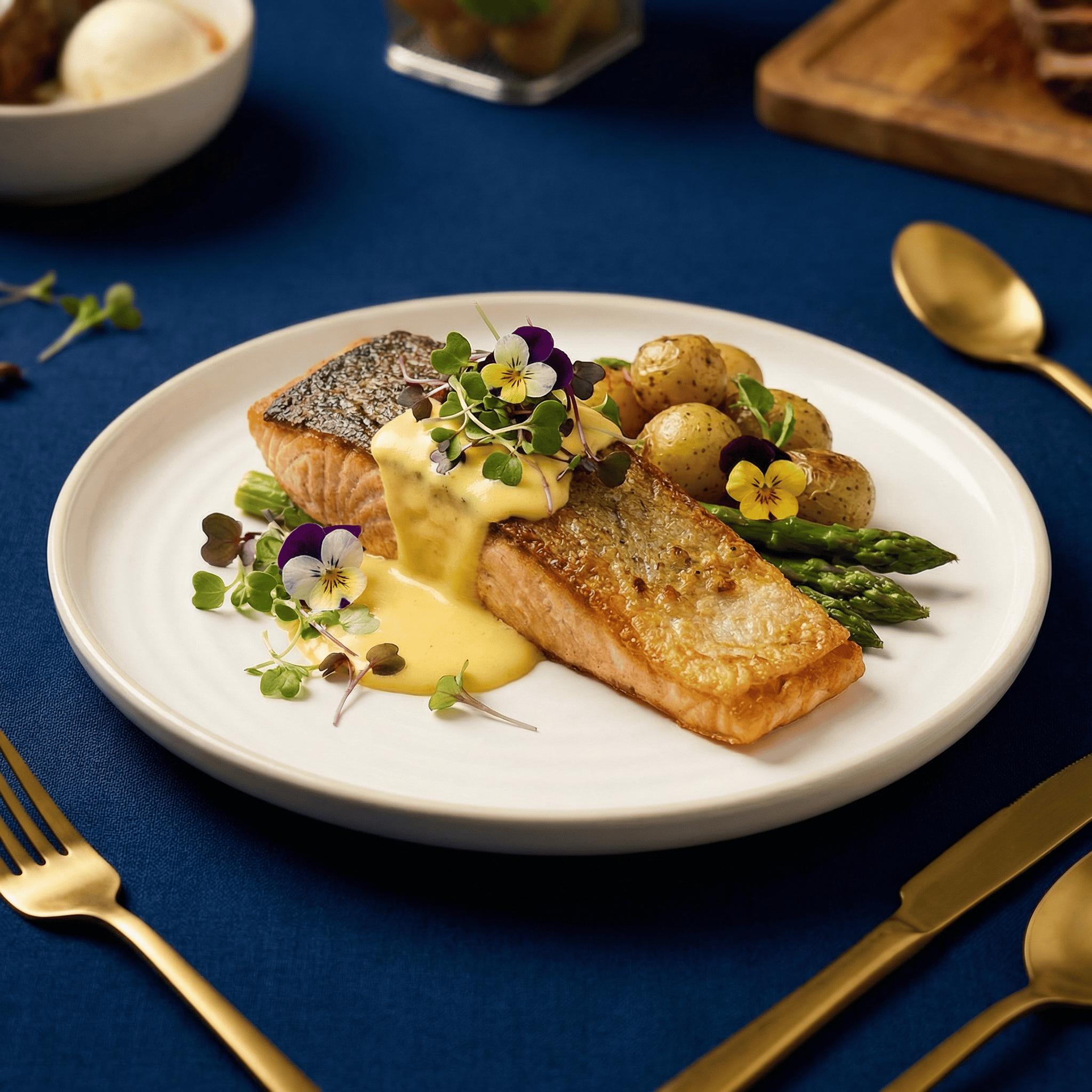 Salmon Fillet with Asparagus and Potatoes Delicious salmon fillet served with asparagus, new potatoes, and creamy sauce on a white plate.