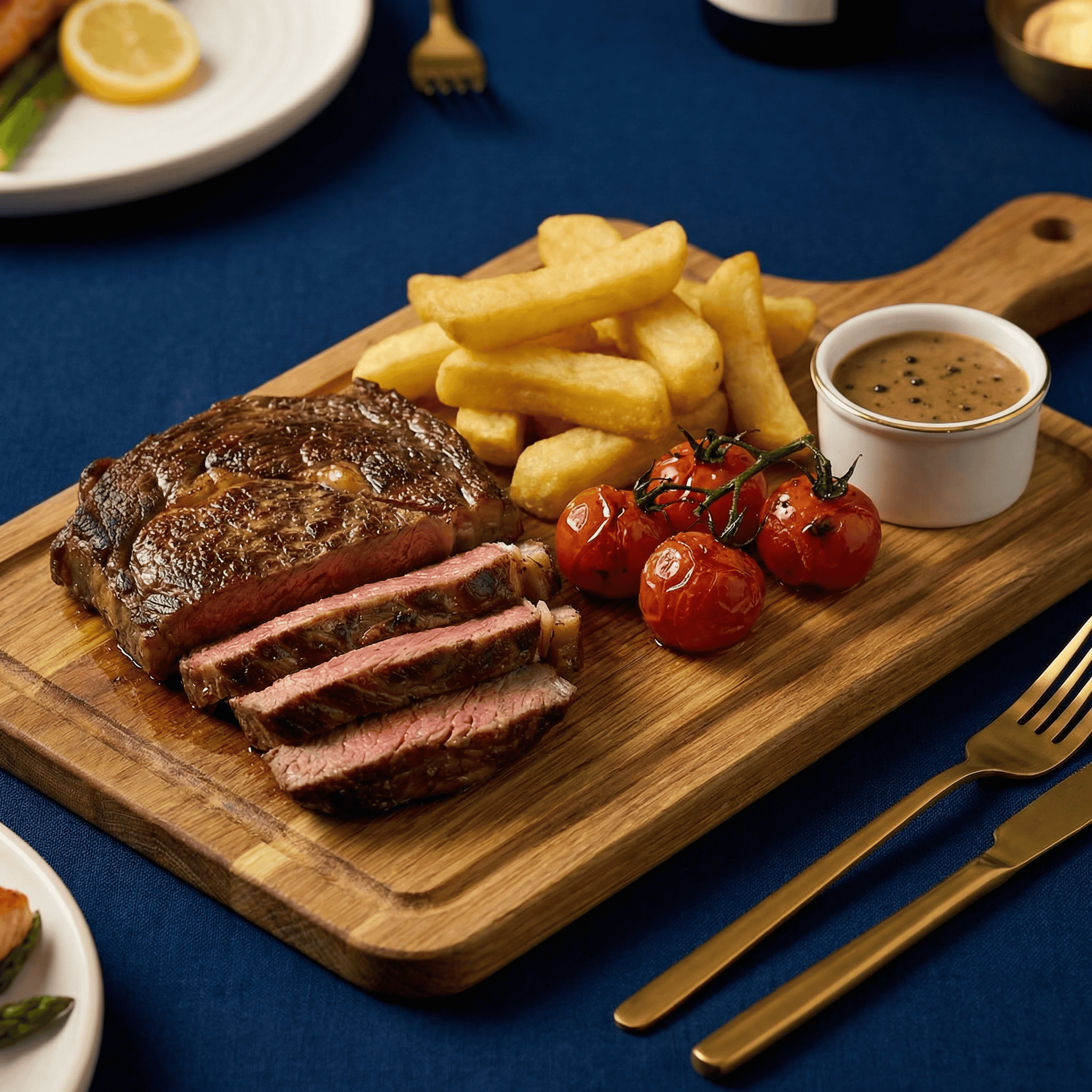 Prime Rib Steak with Chips and Cherry Tomatoes Prime rib steak served with chips, cherry tomatoes, and sauce on a wooden board.