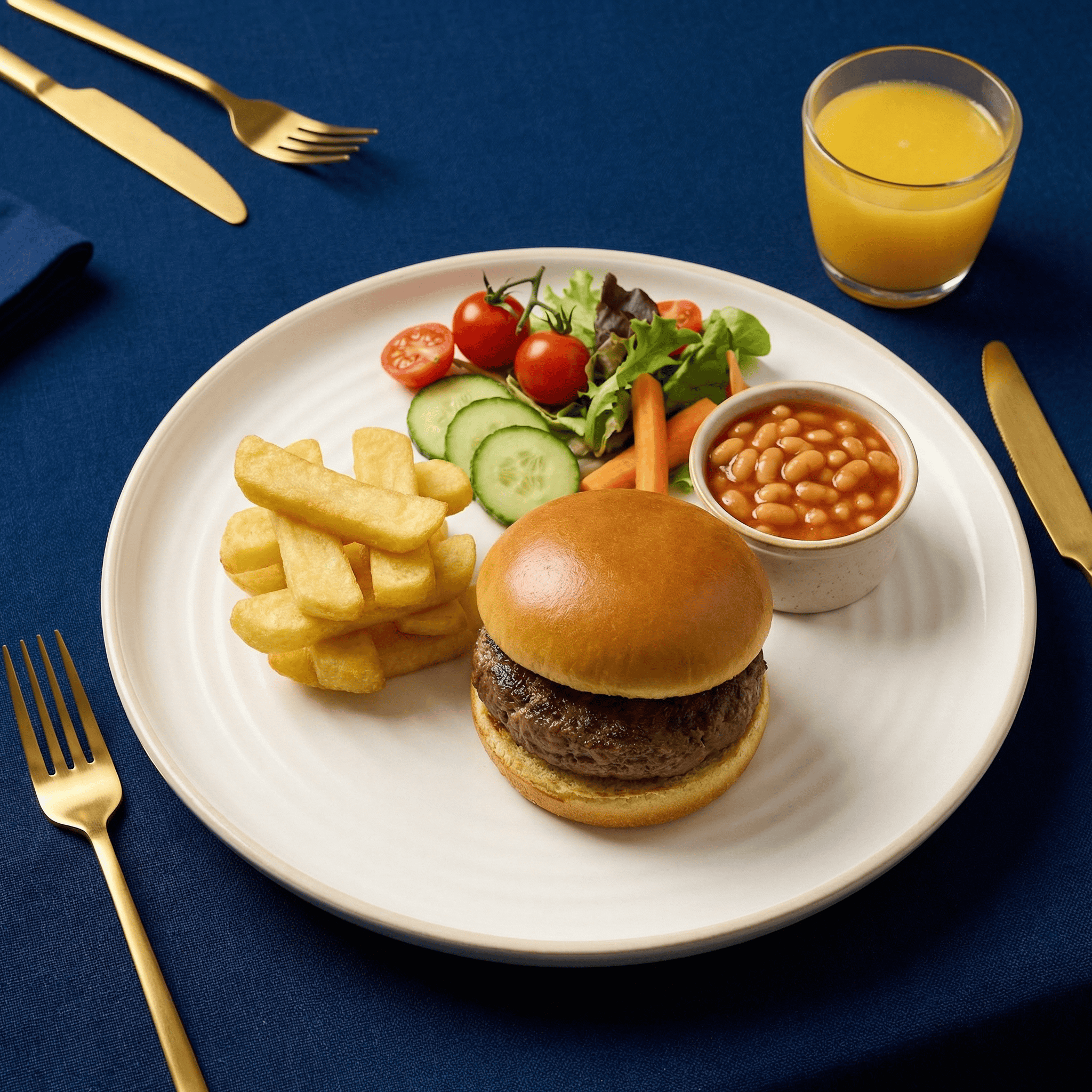 Classic beef burger with fries, salad, baked beans, and orange juice on a white plate. Beef burger with fries, salad, baked beans, and orange juice on a white plate.